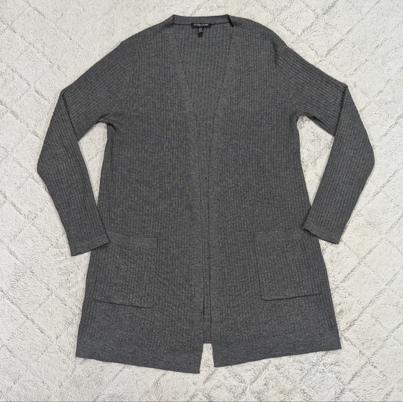 Eileen Fisher Sweater Womens M Petite Gray Cardigan Open Rib Knit Wool Light - Picture 1 of 7